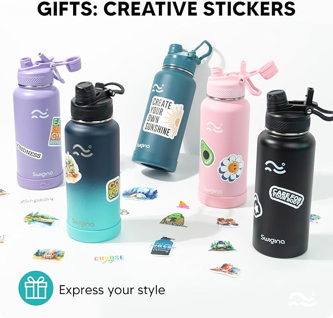 [2-IN-1 LID] Insulated Water Bottle with Silicone Boot (36hrs Cold/18hrs Hot) - DIY Stickers, Leakproof, BPA Free, 32 oz