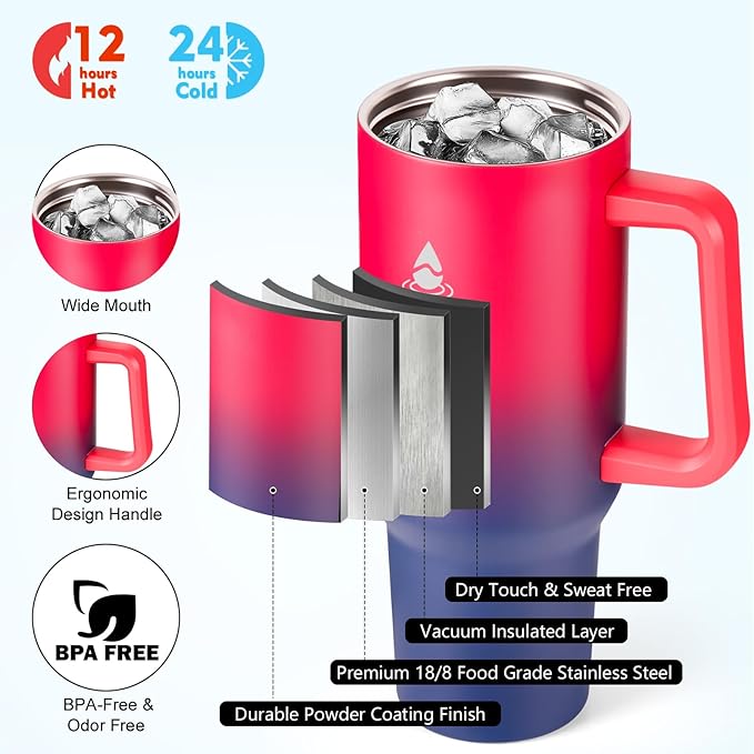 40 oz Tumbler with Handle and Straw or Convert to 40 oz Insulated Water Bottle Fits in Cup Holder. Stainless Steel Metal Water Flask with 2 Lids for Travel,Camping,Gym Sports Coffee Mug Thermal Cup