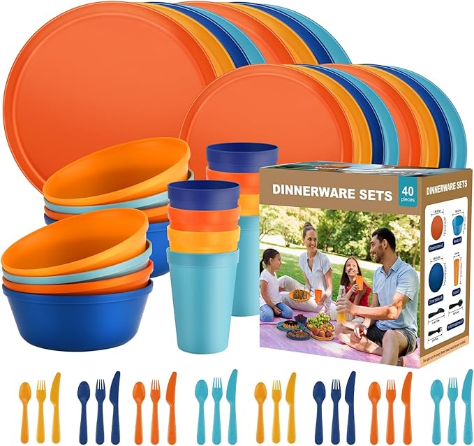 40-Piece Unbreakable Kids Dinnerware Set for Toddlers & Children, BPA-Free & Easy-Clean PP Plates and Bowls, Microwave & Dishwasher Safe, Complete Family Pack (Service for 8)