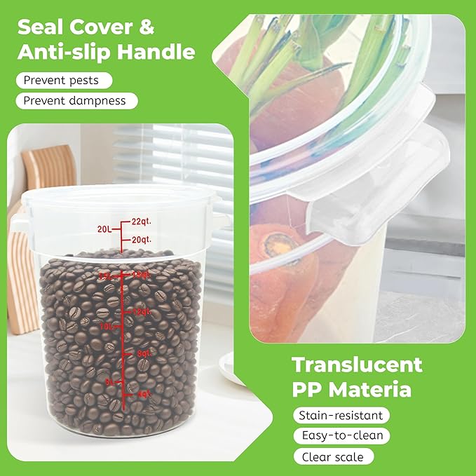 4 Pack Round Food Storage Containers with Lids, 22Qt Large Translucent, Polypropylene, BPA Free, Includes Labels & Measuring Cups
