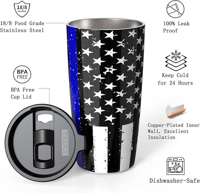 TILUCK 20 oz Tumbler with Leak-Proof Lid, Vacuum Insulated Stainless Steel Coffee Mug, Double-Walled Travel Tumbler for Hot and Cold Drinks(BlackFlag, 20oz)