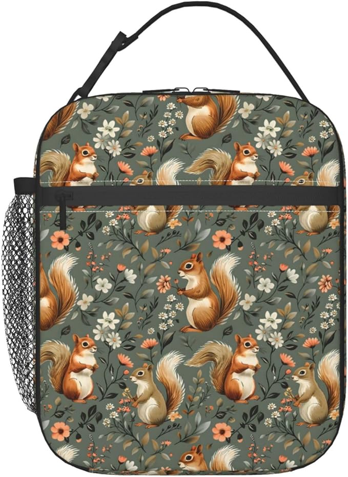 Reusable Squirrel Lunch Box for Kids, Insulated Woodland Floral Green Bag,Polyester Cooler Nature Lovers Handbags Case for School Work Picnic Travel Beach or Hiking, Gifts