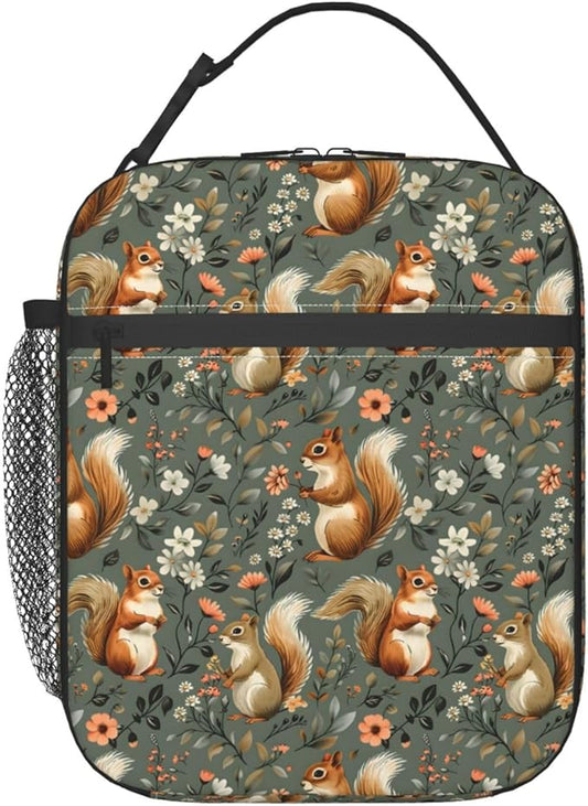 Reusable Squirrel Lunch Box for Kids, Insulated Woodland Floral Green Bag,Polyester Cooler Nature Lovers Handbags Case for School Work Picnic Travel Beach or Hiking, Gifts