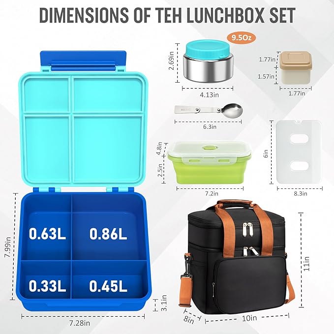 Adult Lunch Box Set Insulated Leakproof Meal Prep Kit with 4-Compartment, Thermo for Hot&Cold Food, Lunchbox Containers for Men&Women, Lunch Cooler Bag with Ice Pack for Work Camping Daytrip(Blue)