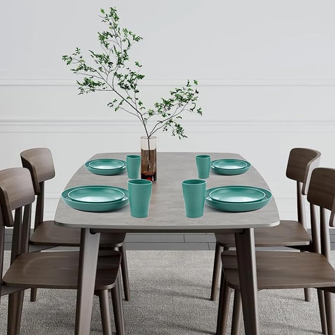 Supernal 32pcs Wheat Straw Dinnerware Sets,Dinnerware Sets for 8,Unbreakable Dinnerware,Reusable Tableware,Dark Green Set 16pcs Plates, 8pcs Bowls, 8pcs Cups,Microwave Dishwasher Safe