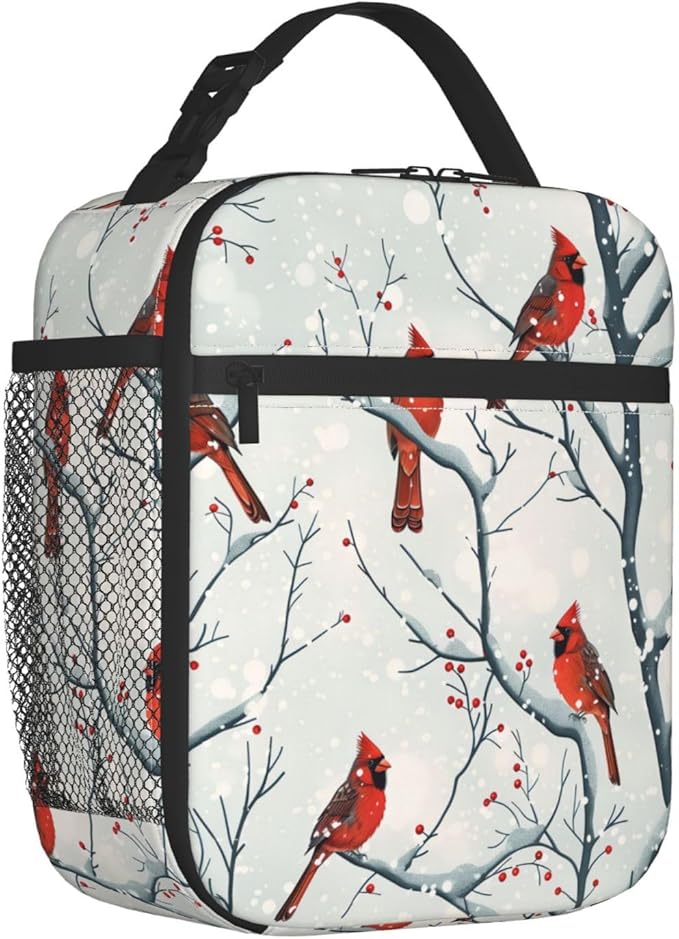Reusable Cardinal Lunch Box for Kids Girls Boys Women Adult, Insulated Bird Winter Snowy Lunch Bag,Polyester Cooler Handbags Case for School Picnic Work Travel Beach or Hiking