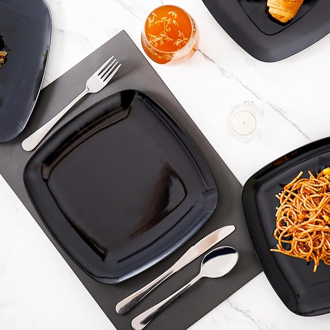 TP 10.5" Melamine Square Dinner Plates, 6-piece Plate Set Unbreakable Serving Dishes for Indoors and Outdoors, Unbreakable Dinner Service for 6, Black