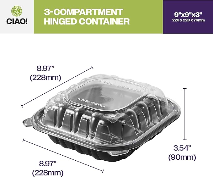 CIAO! 9"x9"x3" Polypropylene Black bottom with Clear Lid Hinged Container 3 Compartment Take Out Container, Microwavable, Recyclable and Reusable, (Case of 150)