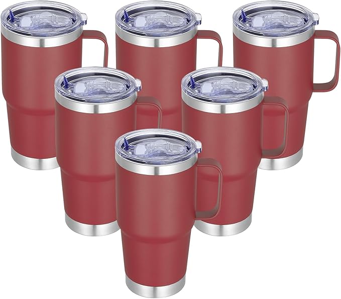 20 oz Stainless Steel Tumbler with Handle Bulk Metal Insulated Tumblers Travel Coffee Mug with Handle Double Wall Tumbler Cup with Lid and Straw, Wine Red 6 Pack