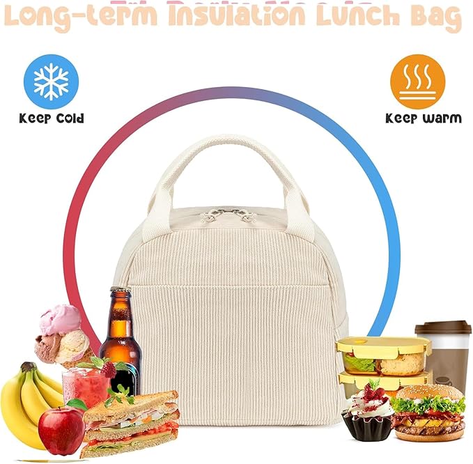 Bluboon Lunch Bag for Women Men Cute Corduroy Lunch Tote Bags Reusable Insulated Lunch Box Large Capacity Reusable Insulated Cooler for Work Picnic or Travel