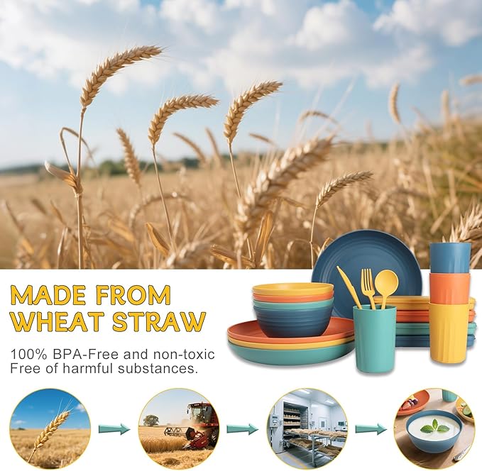 28 Piece Wheat Straw Dinnerware Sets,Dishwasher & Microwave Safe Plates and Bowls Sets - Unbreakable Plastic Dinnerware Sets for 4 Dinner Plates, Cups, Cereal Bowls - Colorful Series