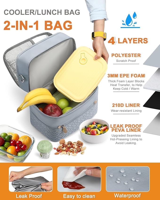 Capolo Lunch Box for Women Men Adults,Double Deck Insulated Lunch Bag Leakproof Lunch Cooler Box with Removable Strap Lunch Tote Bags Reusable Thermal Lunchbox for School Work Picnic(Large,Blue)