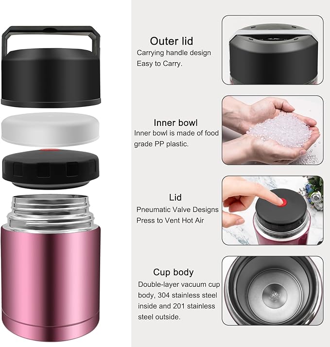 28oz Soup Thermos, Stainless Steel Thermos for Hot Food, Wide Mouth Food Thermos Jar, Insulated Lunch Container Leak Proof Vacuum Thermal Flask(rosered)