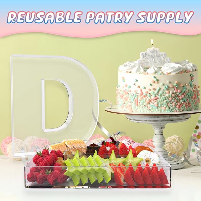 13.8" Extra Large Acrylic Letter Charcuterie Board Box, Reusable Fillable Letter Cake Candy Dish Display Serving Tray for Birthday Anniversary Party Decoration (D)