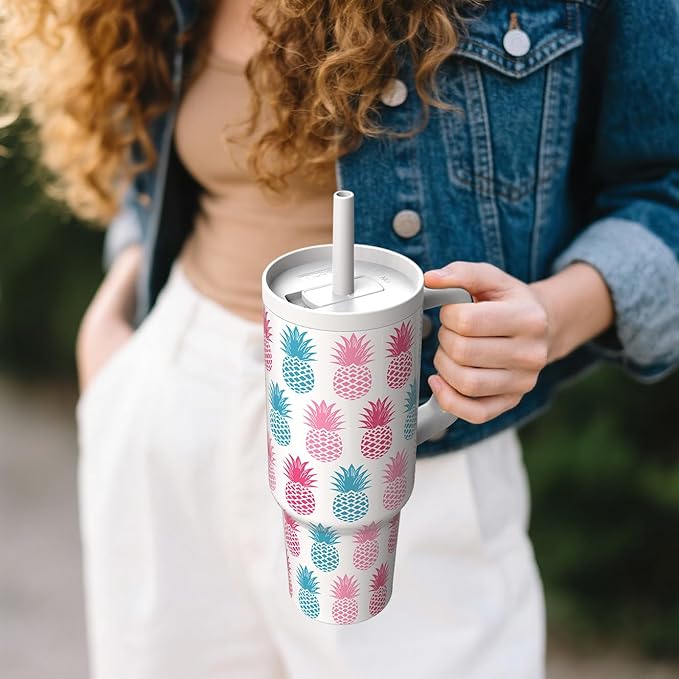 TILUCK 40 oz Tumbler with Handle, Vacuum Insulated Stainless Steel Travel Mug with 100% Leak-Proof Silicone Straw Lid, Cupholder Friendly Water Bottle(Pineapple, 40oz)