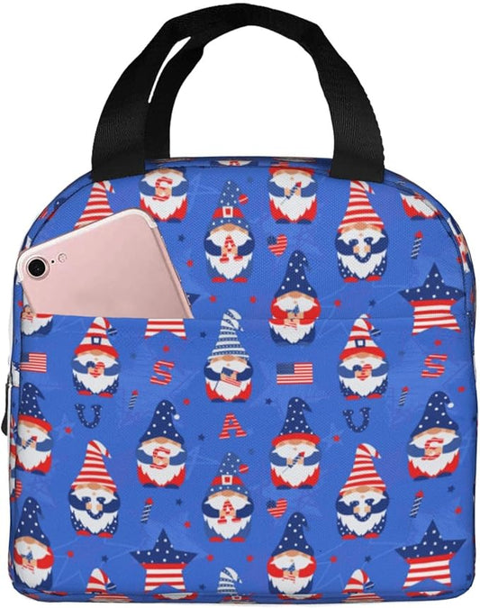 American Gnome Patriotic Lunch Box 4th of July Memorial Day Lunch Bag Insulated Reusable Lunch Tote Bag Cooler Tote Bag for Men Women