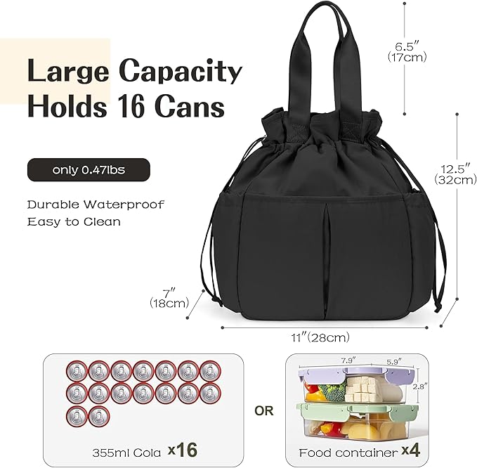 VS VOGSHOW Cute Lunch Bag Women Reusable Insulated Drawstring Lunch Bag 16 Cans Large Capacity Lunch Box for Work Picnic Outdoor (Black)