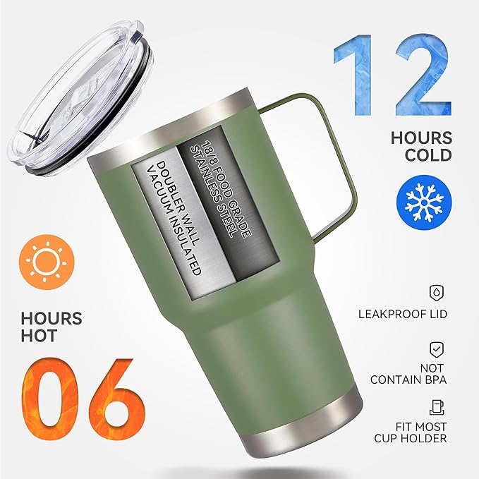 30 oz Tumbler with Handle and Lid, Stainless Steel Tumblers Bulk Double Wall Vacuum Insulated Travel Mug Leak Proof Cup Keep Drinks Cold and Hot Army Green, 8 Pack