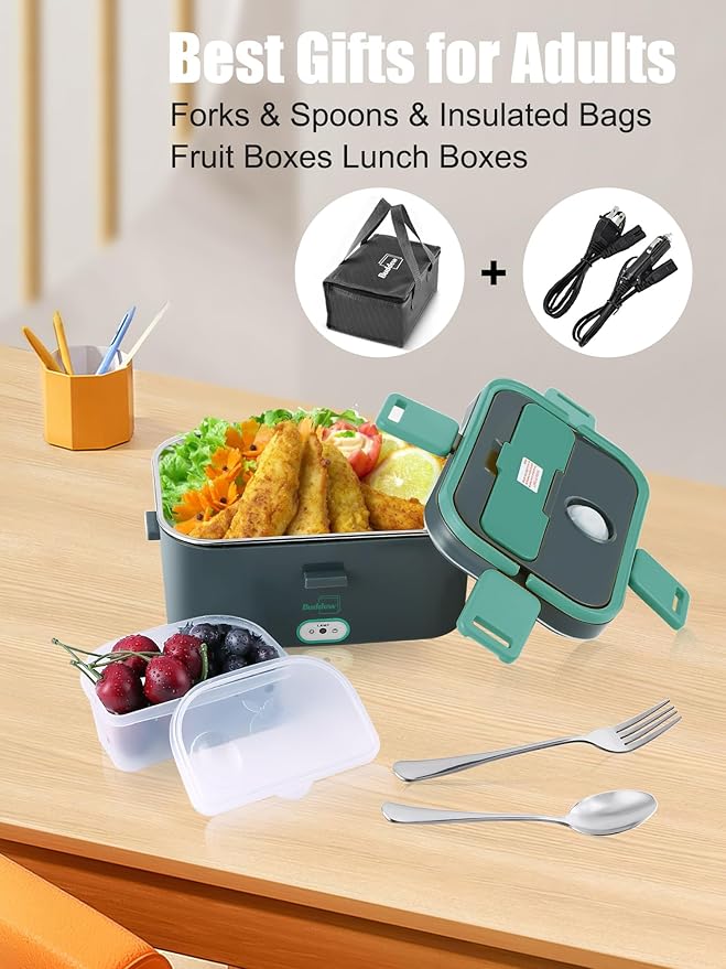 Buddew Electric Lunch Box for Adults, 80W Heated Lunch Box 1.8L Stainless Steel Portable Food Warmer,12/24/110V Lonchera Electrica Portatil for Travel & Work, Loncheras para Hombres de Trabajo