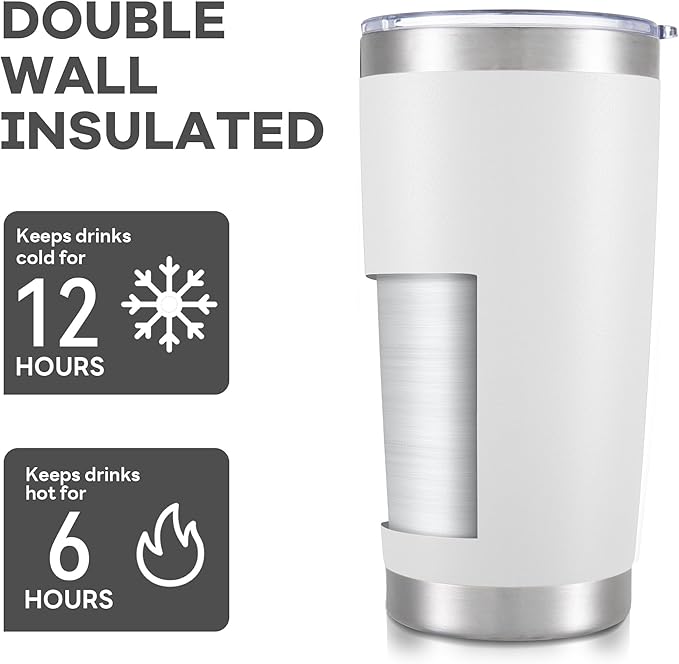20 oz Tumbler with Lid Stainless Steel Insulated Tumblers Bulk Double Wall Vacuum Cups Powder Coated Travel Mug Keep Drink Cold and Hot, White, 8 Pack