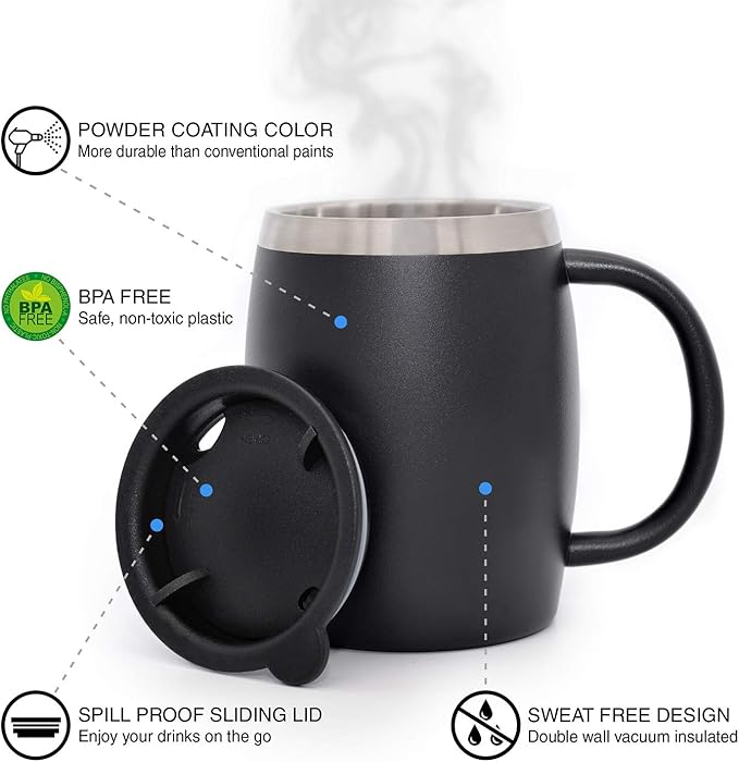 CHILLOUT LIFE Stainless Steel Insulated Coffee Mugs Set of 2 (14 oz) - Double Wall Coffee Cups With Spill Resistant Lid & Strong Handle, Shatterproof Cups for Cold Drinks, Hot Beverages