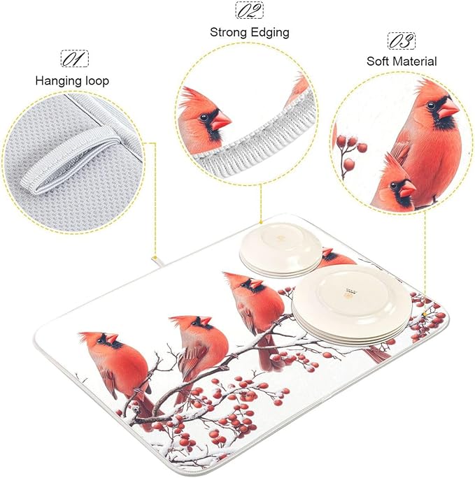 Birds Perched Tree Branches Dish Drying Mat for Kitchen Counter Super Absorbent Dishes Pad Reversible Microfiber Protector Dish Draining Mats 18x24 inch
