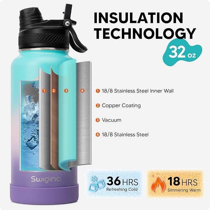 [2-IN-1 LID] Insulated Water Bottle with Silicone Boot (36hrs Cold/18hrs Hot) - DIY Stickers, Leakproof, BPA Free, 32 oz