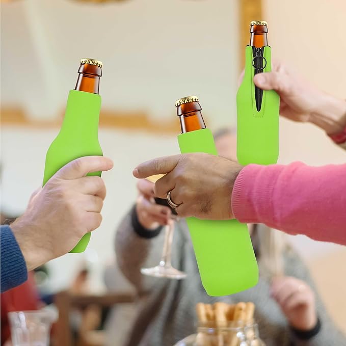 10 Neoprene Zippered Beer Bottle Coolies Pack - Sharkskin Rubber Bottom - Lime Green