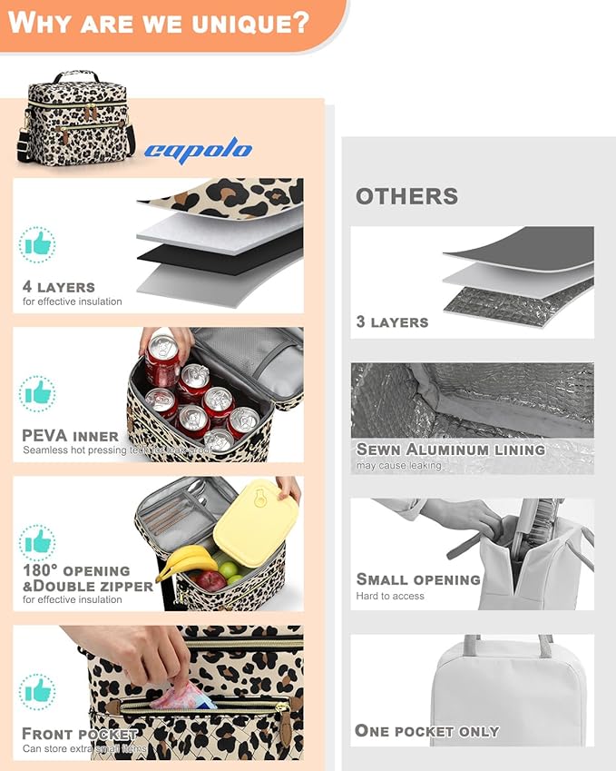 Capolo Lunch Box for Women Men Adults,Insulated Lunch Bag Leakproof Lunch Cooler Box with Removable Strap Cute Lunch Tote Bags Reusable Thermal Lunchbox for School Work Picnic(Small,Leopard)