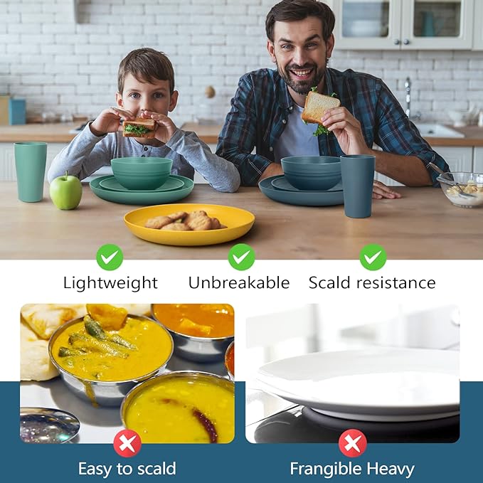 Teivio 32-Piece Kitchen Plastic Wheat Straw Dinnerware Set, Service for 8, Dinner Plates, Dessert Plate, Cereal Bowls, Pasta Bowls, Unbreakable Outdoor Camping Dishes, Autumn Multicolor