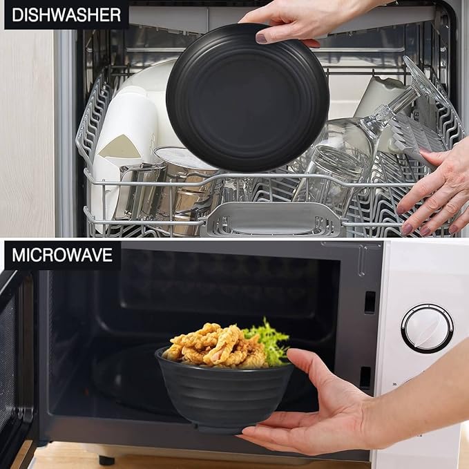 12pcs Plastic Wheat Straw Dinnerware Sets, Wheat Straw Plates and Bowls Sets for 4 College Dorm Room Essentials Microwave Dishwasher Safe (Black)