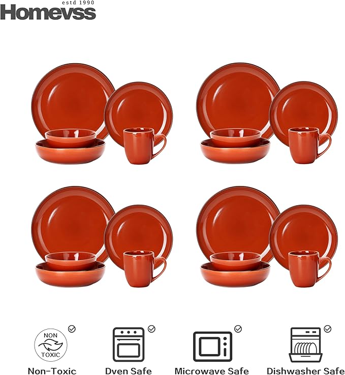 Eur-Nordic Shape Raising Rim 20pc Dinnerware Set, Shiny Glaze Orange with Speckle Effect