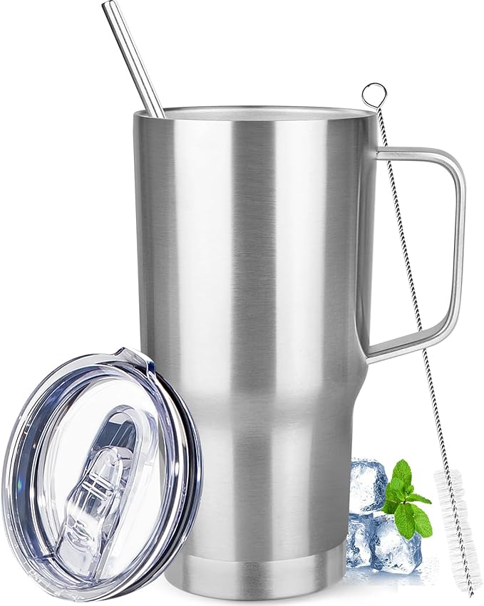 20 oz Tumbler with Handle Stainless Steel Insulated Coffee Mug Tumbler with Lid and Straw Double Wall Vacuum Insulated Coffee Mug Leak Proof Travel Mug Tumbler for Hot and Cold Drink (Silver,1pack)