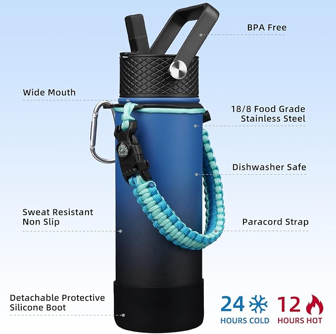 BJPKPK Insulated Water Bottle with Straw Lid, 22oz Thermo Water Bottles with 3 Lids, Paracord Handle & Non-slip Boot, BPA Free Leak Proof Stainless Steel Tumblers,Blue Black