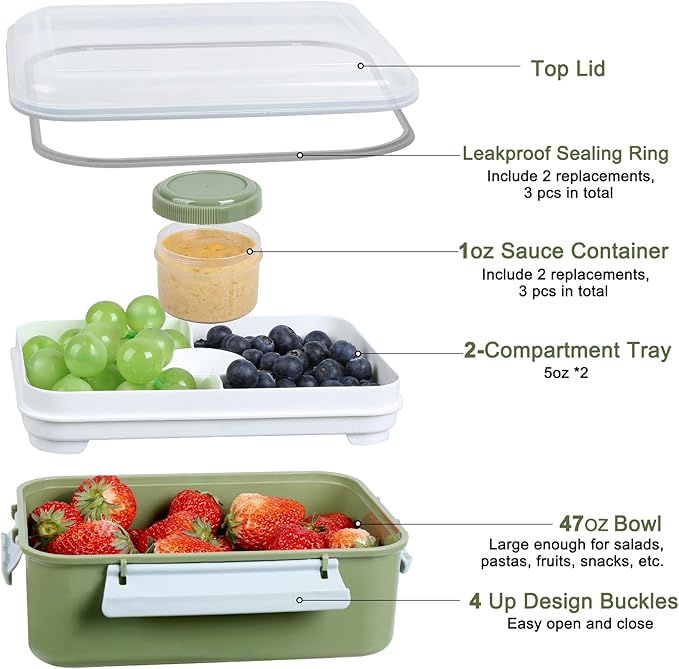 Shopwithgreen Set of 3 Salad Food Storage Container To Go, School & Travel,Food Prep Storage Containers with Lids (Khaki Green&Khaki Green&Khaki Green)