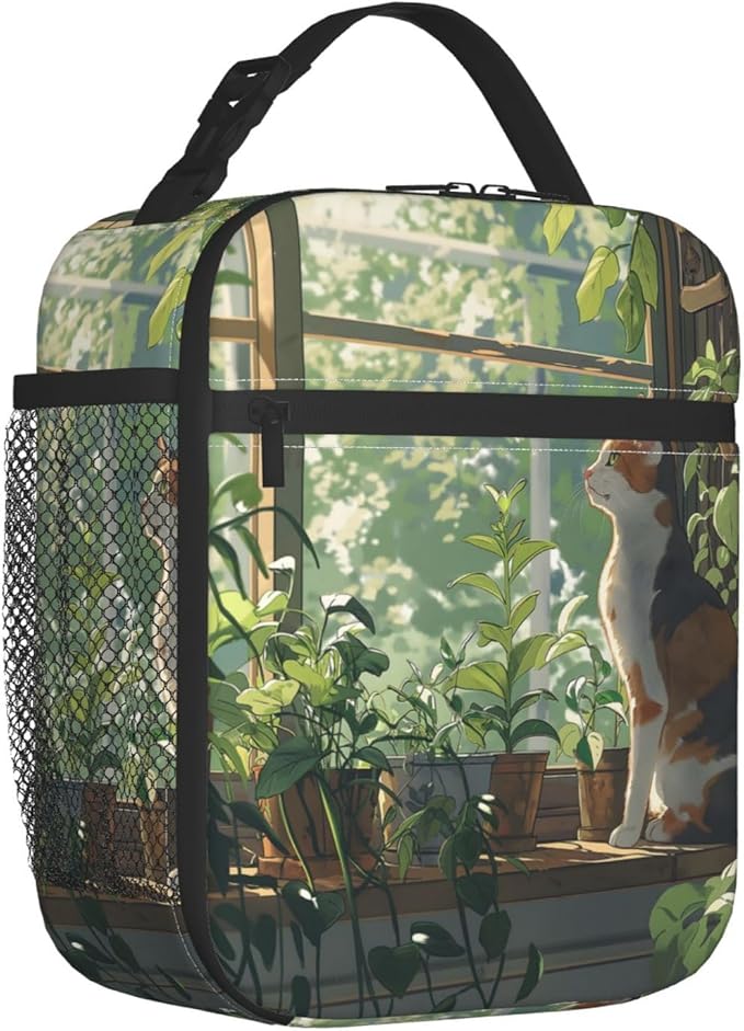 Serene Cat and Plant Haven Lunch Box for Women Men, Insulated Lunch Box, Reusable Lunch Bag for Office, Work, Picnic, Travel