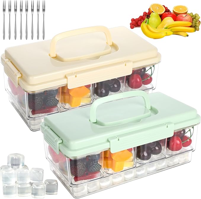2 Pack Snackle Box Container with Ice Pack Snackle Box Container 4 Compartment Chilled Portable Divided Serving Tray Portable Travel Snack Organizer,Snack Box for Fruits Veggies, Keep Food Cold