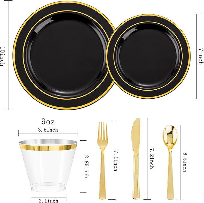 bUCLA 300PCS Black and Gold Disposable Dinnerware Set - 50 Guests Black Plastic Plates with Gold Rim Include 50 Dinner / 50 Dessert Plates, 50 Forks,50 Knives,50 Spoons&50 Cups for Party&Halloween