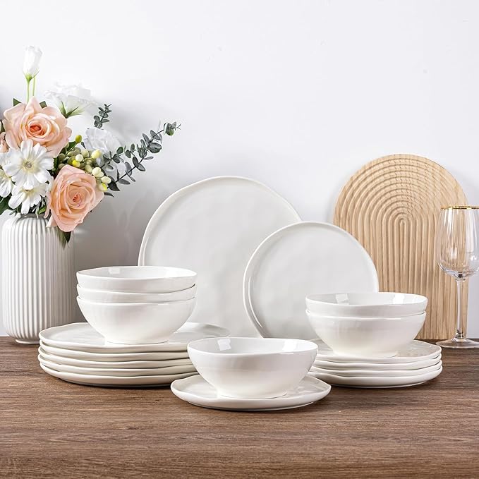 LERATIO Ceramic Dinnerware Sets for 8,Porcelain Plates and Bowls Sets with Wavy Edge, Oven &Microwave & Dishwasher &Safe,Light Weight & Scratch Resistant Dishes Sets-Service for 8 (24pcs) Peal White