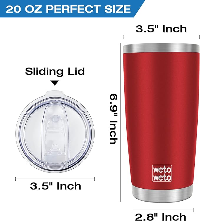 WETOWETO 20oz Tumbler, Stainless Steel Vacuum Insulated Water Coffee Tumbler Cup, Double Wall Powder Coated Leak-proof Travel Mug (Red, 1 Pack)