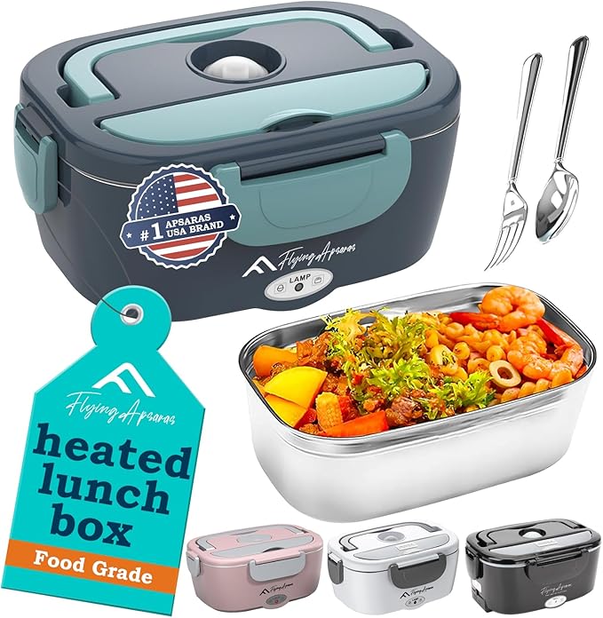 APSARAS Electric Lunch Box 60-80W Food Heater, 3in1 Ultra Quick Heated Lunch Boxes for Adults, 12V/24V/110V Portable Food Warmer for Car/Truck/Office With SS Fork Spoon and Insulated Carry Bag(green)