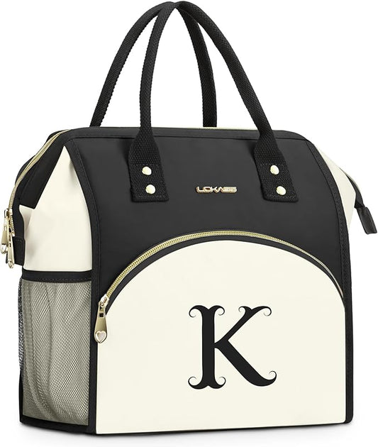 Personalized Lunch Box for Women, Initial Reusable Insulated Lunch Bag, Wide-Open Adult Lunchbox Cooler Lunchbag, Initial Leakproof Lunch Tote Bag for Picnic Work Outdoors Black and White - K
