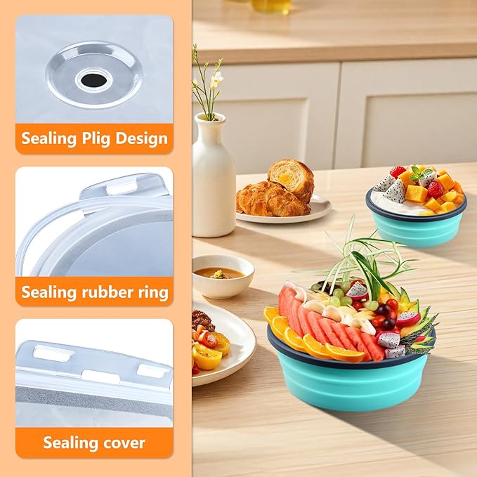 8 Pack Collapsible Food Storage Containers with Lid & Air Vent, 4 Rectangular and 4 Round Foldable Collapsible Storage Containers Sets, Lunch Bowls for Travel, Microwave Freezer Dishwasher Safe