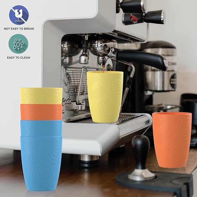 Wrova unbreakable wheat straw cups 12oz set of 6 with textured pattern anti slipping,alternative plastic drinkings cups suitable for hot and cold beverage,Yellow-Orange-Blue