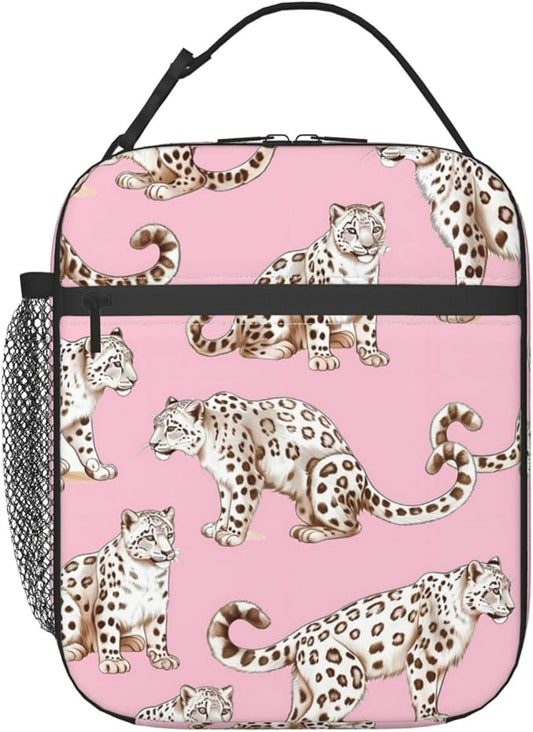 Reusable Snow Leopard Lunch Box for Kids Girls Boys Women Adult, Insulated Cute Pink Lunch Bag,Polyester Cooler Handbags Case for School Picnic Work Travel Beach or Hiking