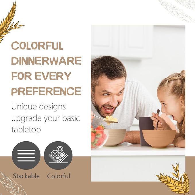 Teivio 32-Piece Kitchen Plastic Wheat Straw Dinnerware Set, Service for 8, Dinner Plates, Dessert Plate, Cereal Bowls, Cups, Unbreakable Colorful Plastic Outdoor Camping Dishes, Desert