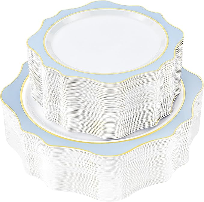 100 PCS White and Blue Disposable Plates for 50 Guests, Scalloped Plastic Plates Include 50 Dinner Plates and 50 Dessert Plates for Party, Wedding and Graduation