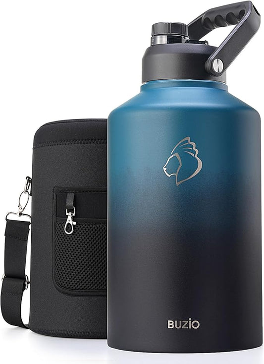 BUZIO 1.5 Gallon Water Bottle Insulated, (Cold for 48 Hrs) 196oz Large Water Jug Stainless Steel, 3.58in Big Wide Mouth Leak Proof Metal Flask with Carrying Sleeve for Camping,Gym,Travel,Indigo Crush