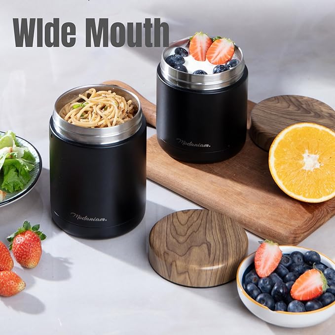 Stainless Steel Vacuum Insulated Food jars set of 2 | wide mouth |Insulated Lunch Container for Hot and Cold Food| Soup |Thermal Lunch Containers | Hot Lunch Box | 16 oz +12 oz| Black | Adults, teens