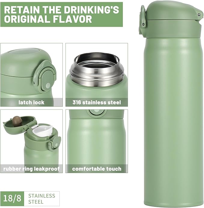 17 oz / 500 ml Insulated Water Bottle, Stainless Steel Thermo Coffee Travel Mug, Thermal Cup with Snap Flip Lid, BPA Free for Hot and Cold Drinking, Green